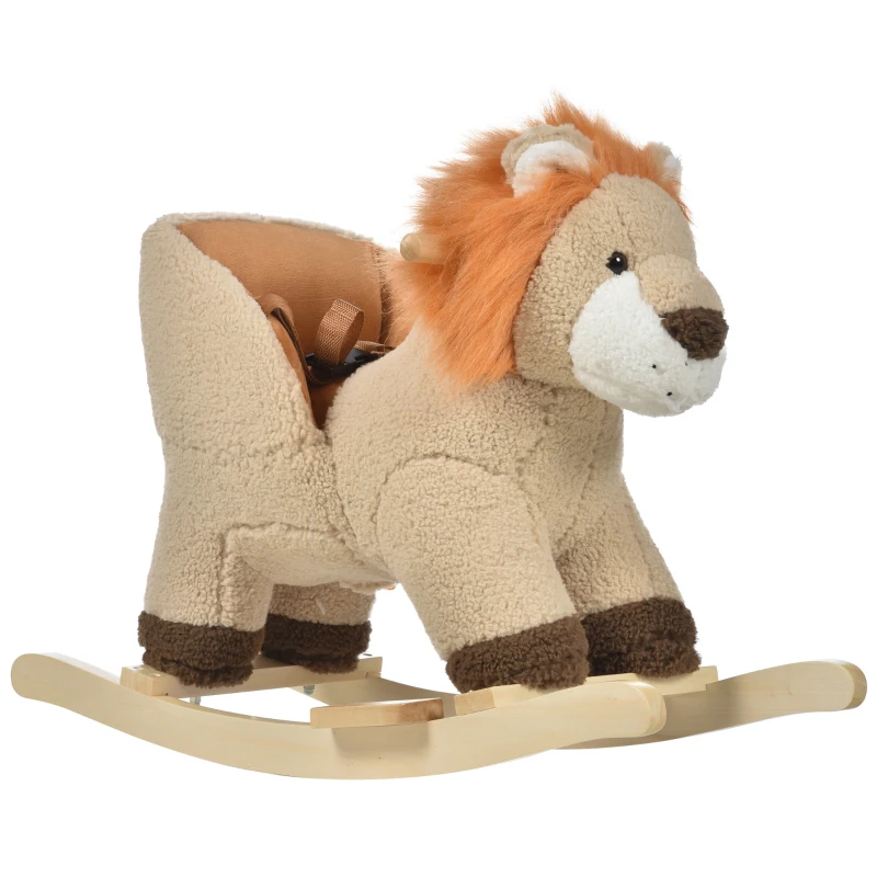 Qaba Baby Rocking Horse Lion Design Plush Stuffed Rocking Chair, Wooden Rocking Horse with Sound, Seat Belt for Boys and Girls Gift, Brown