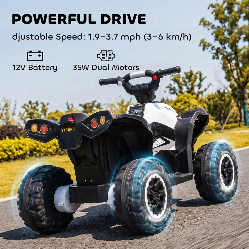 Aosom Kids ATV 4 Wheeler, 12V Kids Ride On Toy with Dual Motors, High & Low Speed, Music, Headlights, Up to 3.7 MPH, White