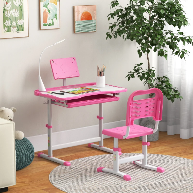 Qaba Kids Desk and Chair Set with USB Light, Storage Drawer, Pink