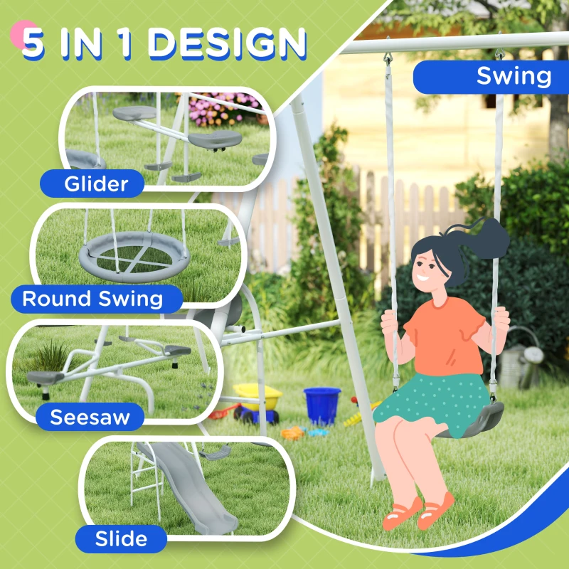 Outsunny 5 in 1 Kids Swing Set for Backyard with Heavy-Duty A-Frame Stand, Saucer Swing, Slide, Seesaw, Glider, Swing Seat, Gray