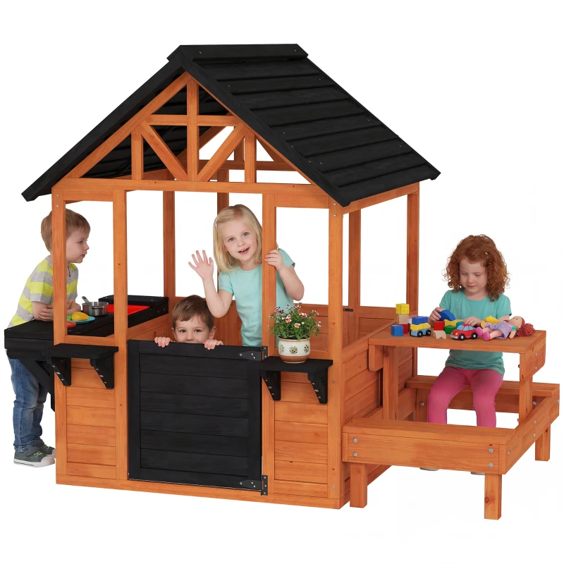 Qaba Wooden Playhouse Playhouse for Kids with Table, Benches, Sink Table, Windows, Flowerpot Holders, for Ages 3-8, Brown