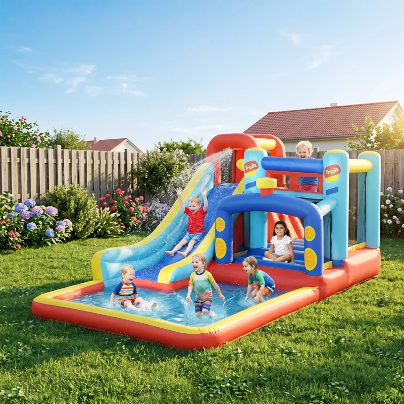 Qaba 14.3 x 8FT Inflatable Bounce House, 4 in 1 Bouncy Castle with Slide, Climbing Wall, Jumping Area, Pool and Blower