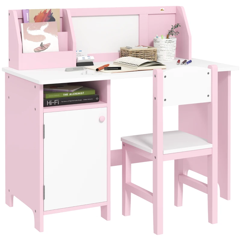 Qaba Toddler Table and Chair Set, Kids Writing Desk Homework Table with Whiteboard, Storage Cabinet, Pink