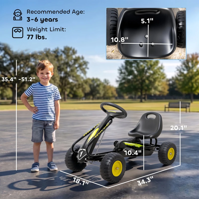Qaba Pedal Go Kart for Kids with Adjustable Seat, Backrest, Outdoor Racer Ride On Pedal Car for Boys Girs 3-6 Years, Black