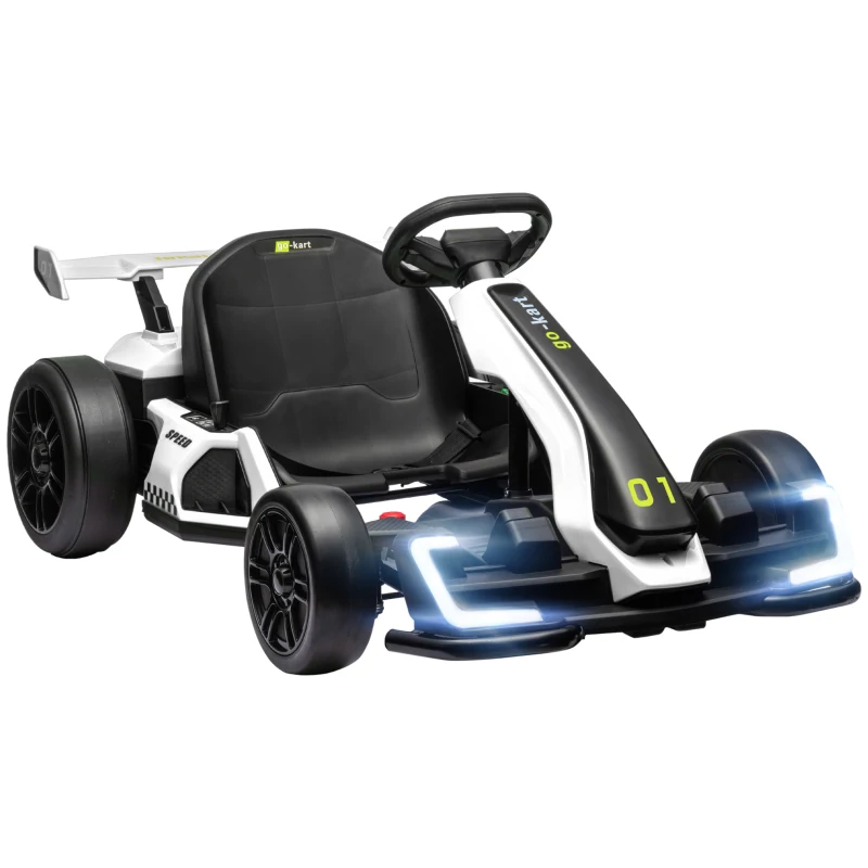 Aosom 24V Electric Go Kart, Battery Powered Kids Drift Kart with Adjustable Seat, Seat Belt, Horn, Music, Light, White