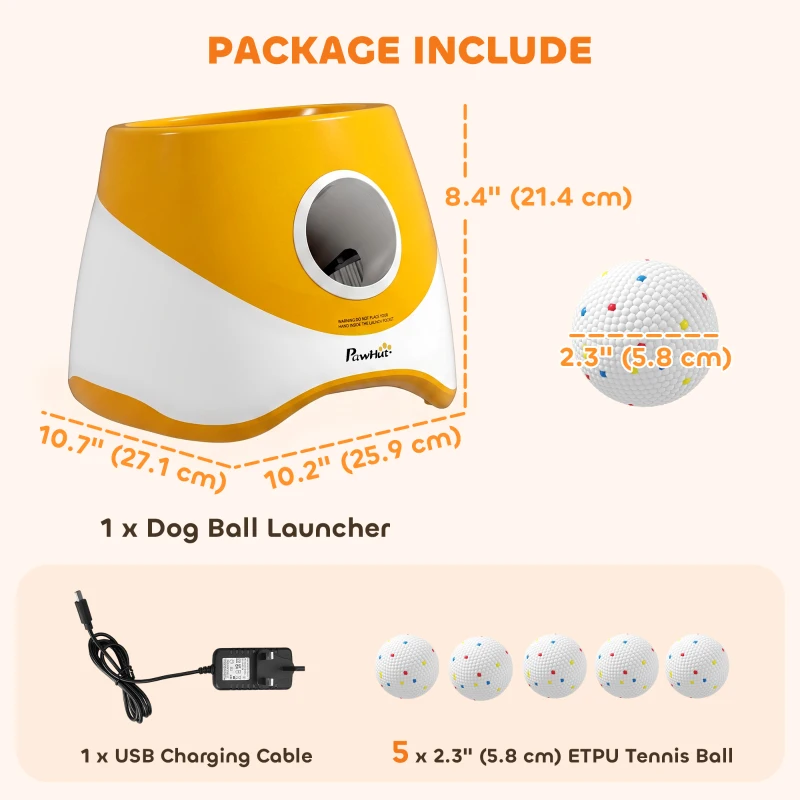 PawHut Automatic Dog Ball Launcher with 5 ETPU Balls 2.3", 3 Distance Settings 20ft, 33ft, 46ft, Orange