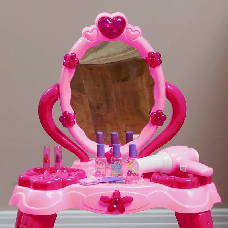 Qaba Kids Vanity Set with Mirror and Stool, Light and Sound, 15 Accessories, Pink
