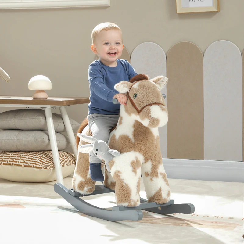 Qaba Rocking Horse, Kids Plush Horse Rocker with Rabbit Toy and Realistic Neigh for Toddlers 2–5 Years Old, Brown