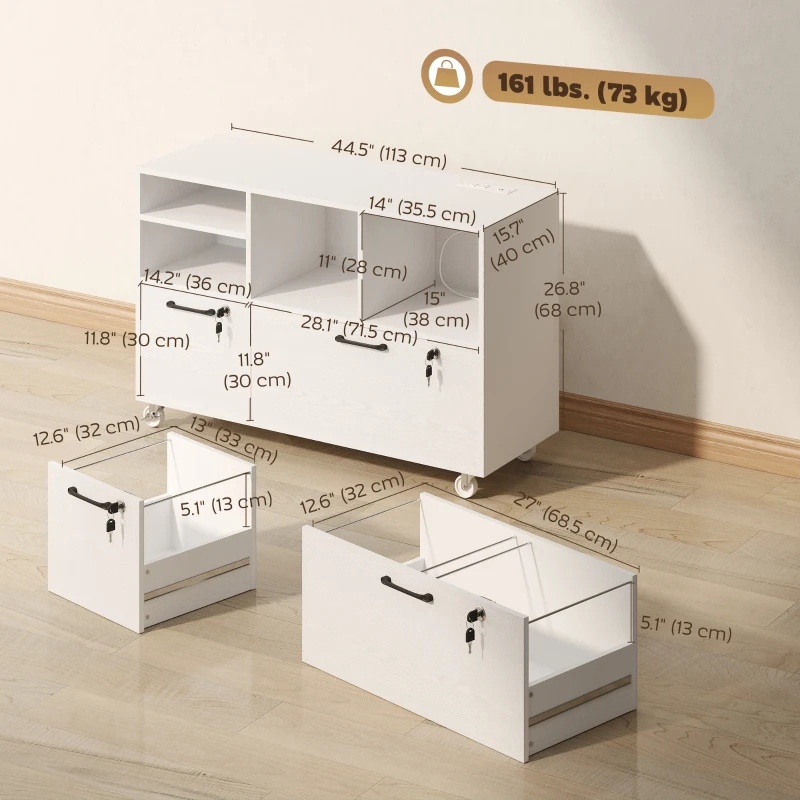 HOMCOM File Cabinet, 2 Drawer Mobile Lateral Filing Cabinet Printer Stand with Lock, Charging Station, Hanging Bars, White