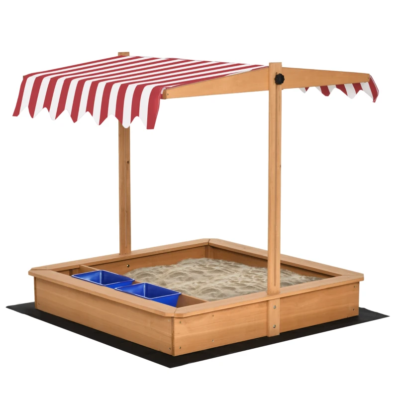 Outsunny Kids Wooden Sandbox with Adjustable Height Cover and Toy Bin Storage, Children Sand Play Station Outdoor,Bottom Liner, for Backyard, Ages 3-7