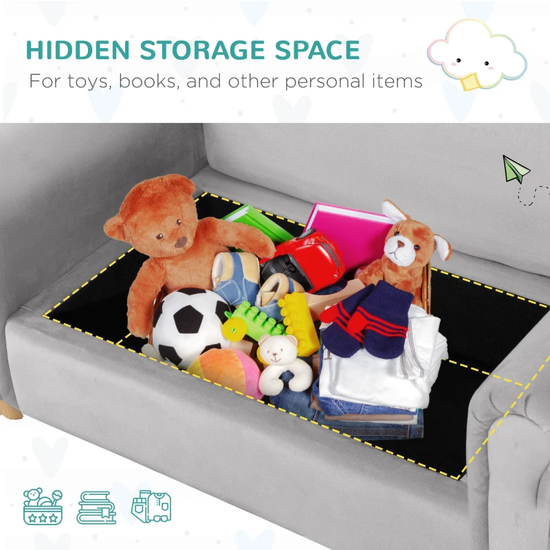 Qaba Ergonomic Foam Kids Sofa with Inner Toy Storage Chest, Velvet Kids Couch with Soft Arms, Children's Lounge Furniture, 33" x 16.25" x 19", Gray