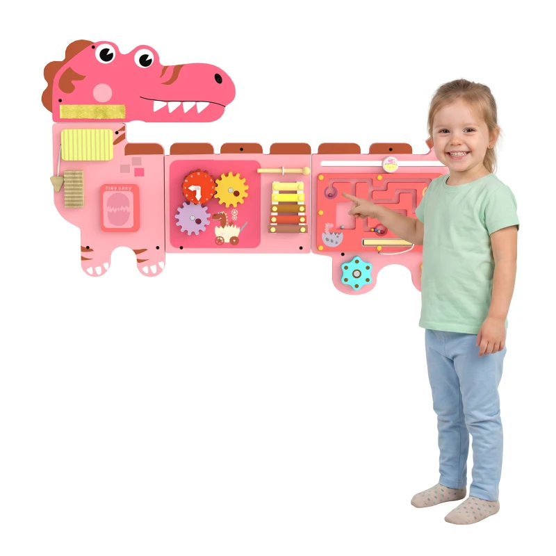 Qaba Busy Board Panels wall mounted Montessori Sensory Toys dinosaur center 87 x 52 x 5.5 cm Pink