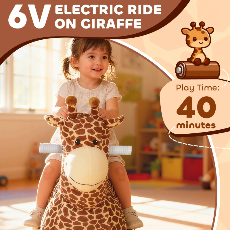 Qaba Kids Electric Ride On Giraffe, 6V Battery Powered Ride On Toy with Washable Cover, Music for 1.5-5 Years, Brown