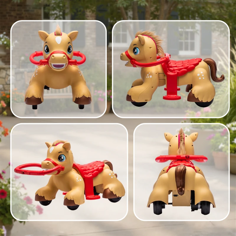 Qaba Ride On Horse Toy, 12V Battery Powered Ride on Toy with Carrot Toy, Comb and Sound, Electric Rocking Horse for Toddlers