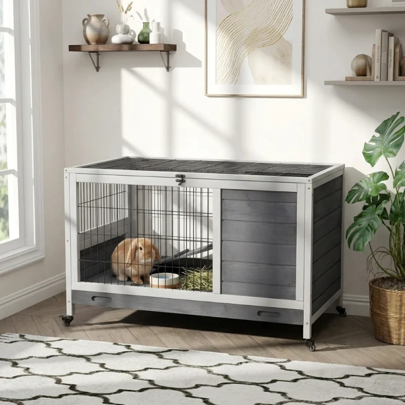 PawHut Indoor Rabbit Enclosure, Wooden Elevated Cage Habitat with Enclosed Run with Wheels - Ideal for Rabbits and Guinea Pigs