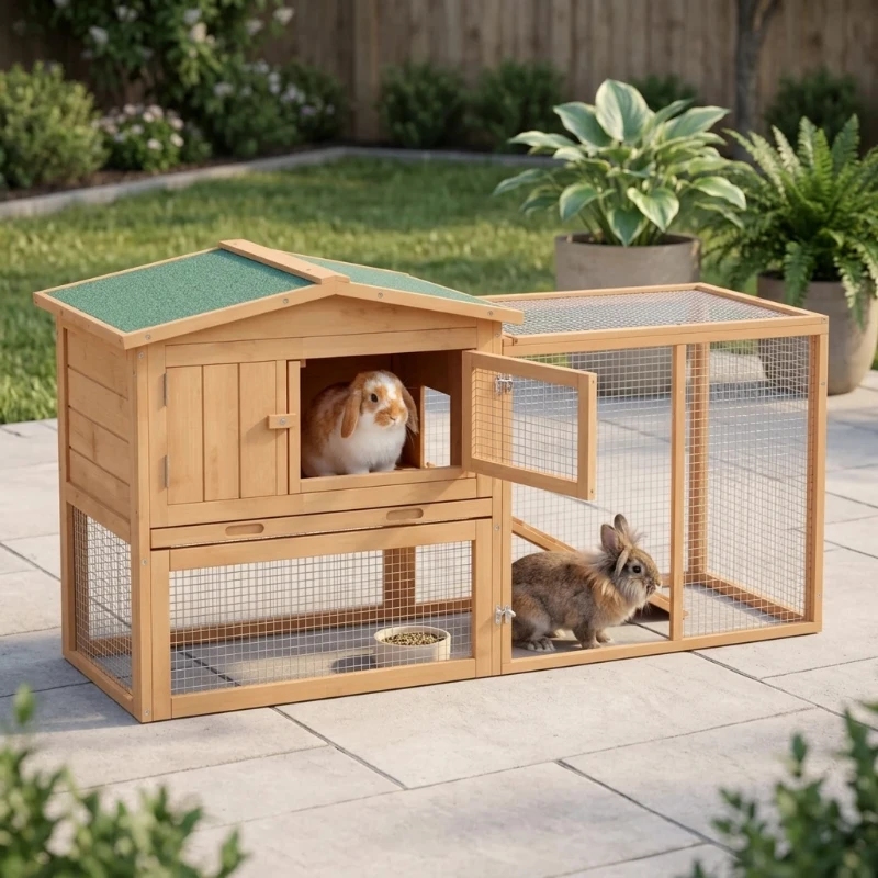 PawHut Rabbit Cage Outdoor, 62" Wooden Outdoor Rabbit Hutch, Small Animal Habitat with Detachable Run and Elevated Main House, Natural