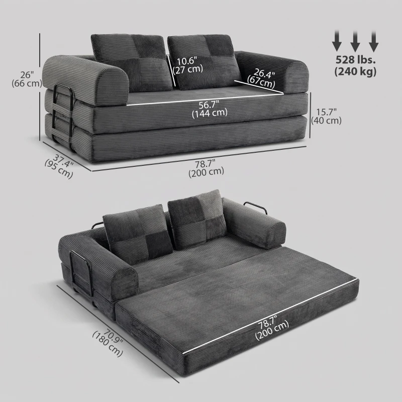 HOMCOM 5-in-1 Convertible Sofa Bed, L-Shaped Loveseat Reversible Sleeper Sofa with 2 Pillows, Dark Grey