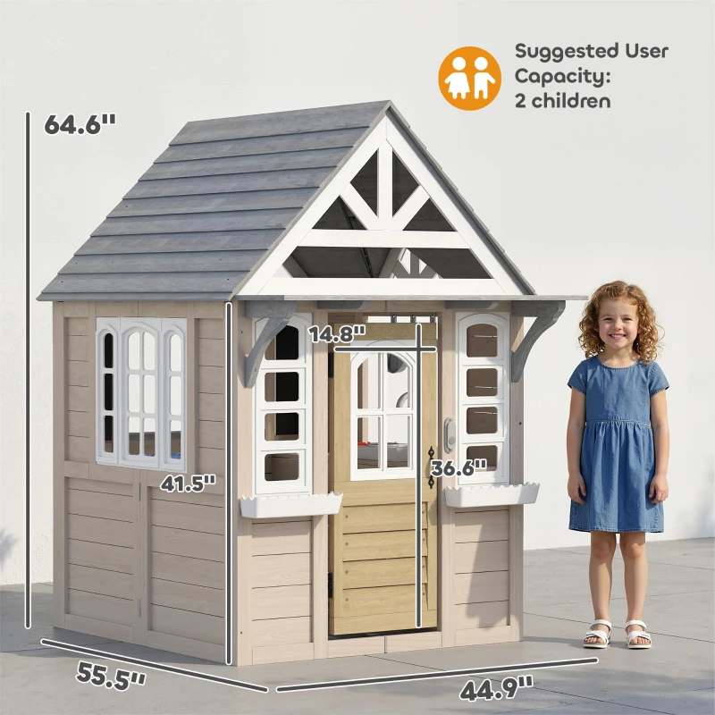 Qaba Outdoor Playhouse, Wooden Kids Playhouse with Dog Door, Cookware, Planter Box, Bell, Blackboard, Clock for Backyard