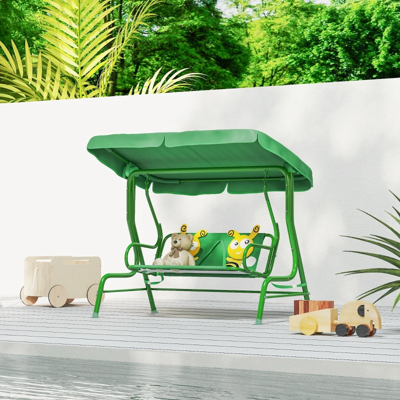 Qaba Kids Patio Swing Chair with Adjustable Canopy, Safety Belt for Patio, Garden, Poolside, Balcony, Dark Green