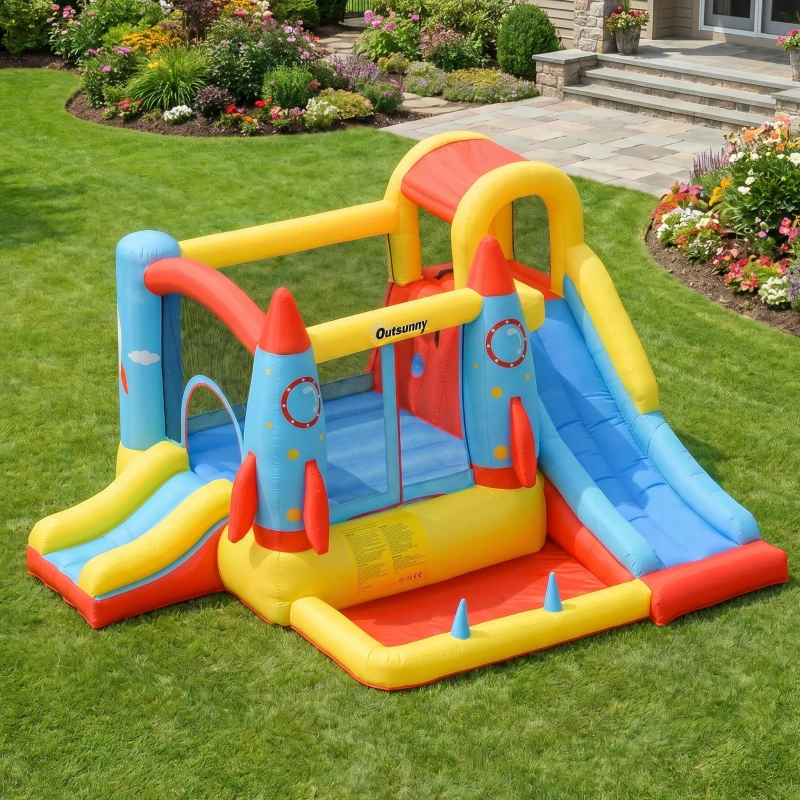 Outsunny Bounce Castle Inflatable Trampoline Slide Pool Rocket Design 11.14' x 9.18' x 6.06'