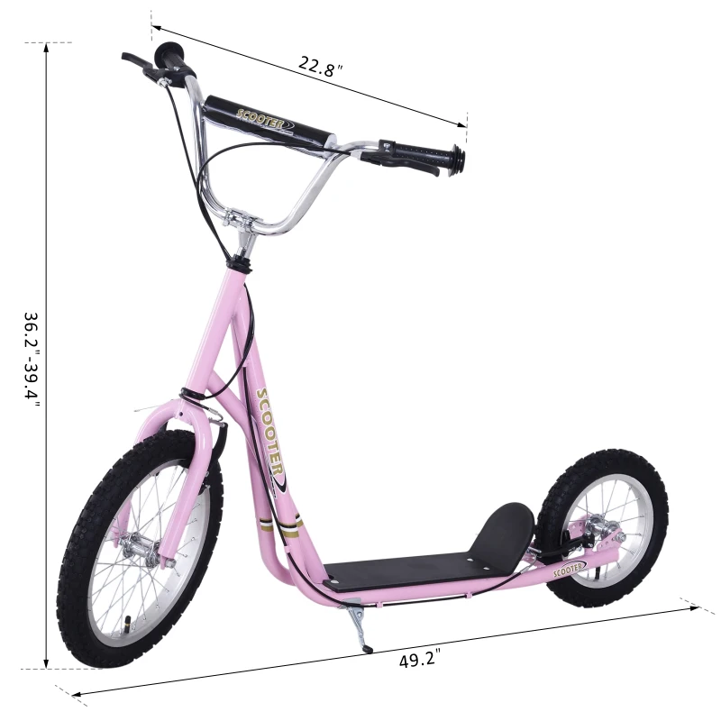 HomCom Adjustable Teen Kick Scooter Child Pro Stunt Scooter Ride On Speeder Kids Street  Bike 16" Inflatable Tire Pink