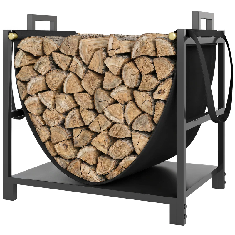 Outsunny 19 Inch Firewood Rack with Carrier, 110 lb Heavy Duty Steel Log Store Indoors, Fireplace Log Storage Holder, Black