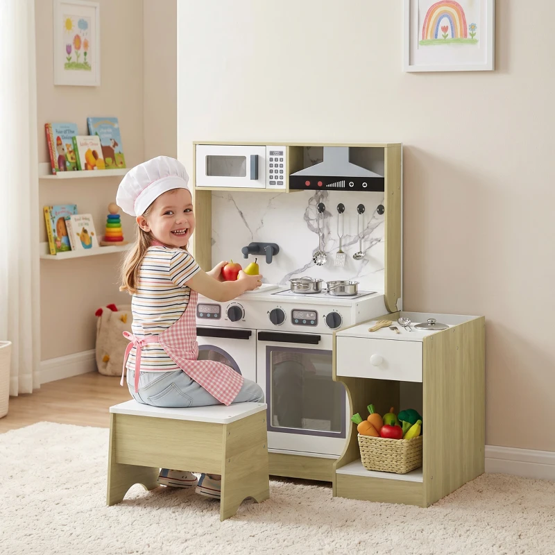 Qaba Play Kitchen Set for Kids, 2-in-1 Convertible Table and Chair Set, Kitchen Playset with Sink, Oven, Accessories for 3-8