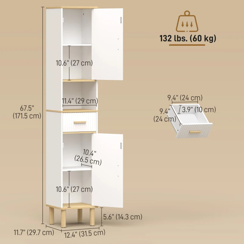 HOMCOM Tall Bathroom Storage Cabinet, Freestanding Bathroom Cabinet with Drawer, Adjustable Shelves, Open Compartment, White