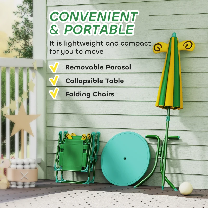 Qaba Kids Picnic Table and Chair Set, Outdoor Activity Table with Foldable Chairs, Height Adjustable Umbrella, Green