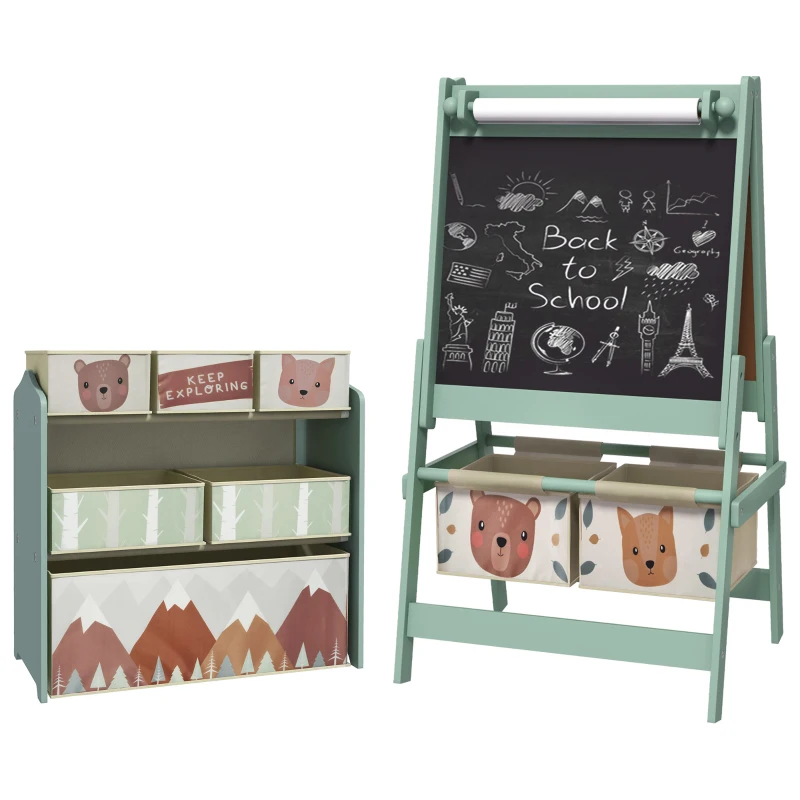 Qaba Kids Toy Organizer and Kids Easel Set with 6 Storage Bins, Paper Roll, Blackboard, Whiteboard, for Ages 3-8 Years, Green