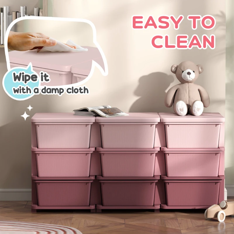 Qaba 29.5" 3 Tier Kids Storage Unit Dresser Tower w/ 9 Drawers, Pink