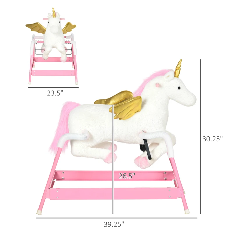 Qaba Kids Spring Rocking Horse Unicon, Ride on Horse for Girls and Boys with Sounds, Plush Animal Ride-on Toy with Soft Feel, Interactive Toy for Kids, Pink