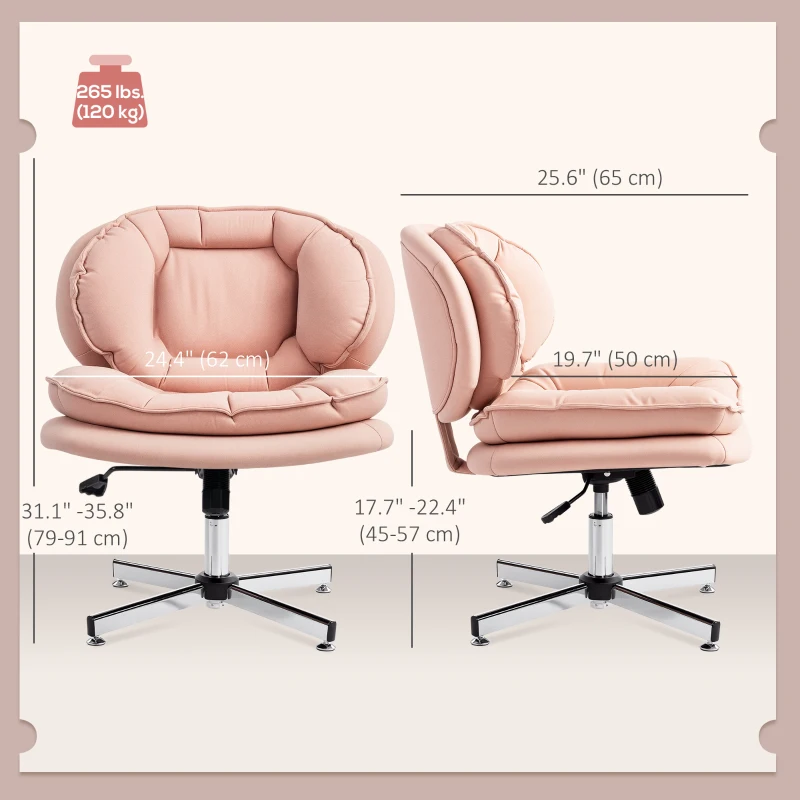 HOMCOM Criss Cross Chair, Armless Wide Office Chair with Leathaire Upholstery, Tilting, No Wheels, Pink