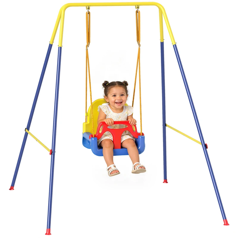 Qaba 3 in 1 Toddler Swing Set, Folding Child Swing Set with Seat Belt, Adjustable Seat for Outdoor Indoor, Blue