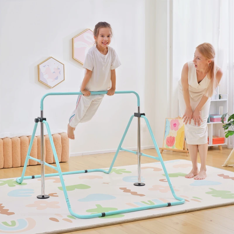 Qaba Folding Gymnastics Bar for Kids, Adjustable Height, Green