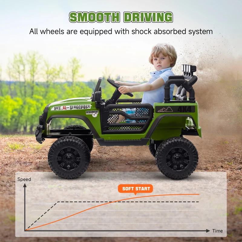 Qaba 12V Battery Powered Ride on Car, Ride on Truck w/ Remote, 4 Suspension Wheels, Music Horn Lights, Green