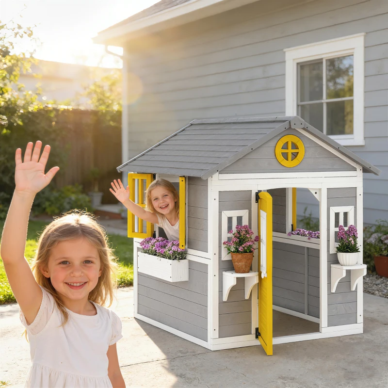 Outsunny Wooden Playhouse for Kids Outdoor with Doors, Windows, Planter Pots and Boxes for Toddlers 3-8 Years, Gray