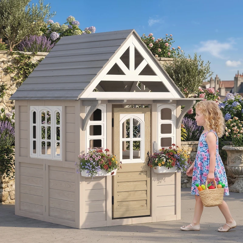 Qaba Outdoor Playhouse, Wooden Kids Playhouse with Dog Door, Cookware, Planter Box, Bell, Blackboard, Clock for Backyard
