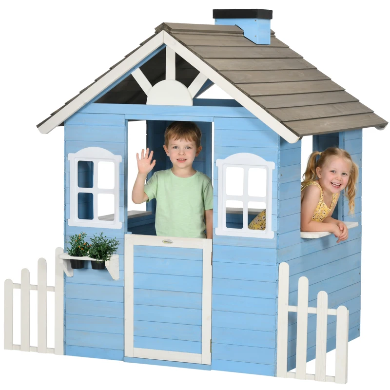 Outsunny Wooden Playhouse for Kids Outdoor with Flower Pot Holders, Door, Windows, Service Stations for 3-7 Years, Blue