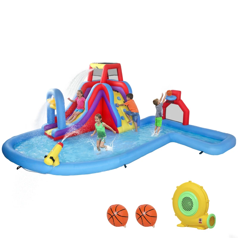 Qaba Inflatable Water Slide 6 in 1 with 480W Blower, Bounce House with Climbing Wall, Splashing Pool, Basketball Hoop