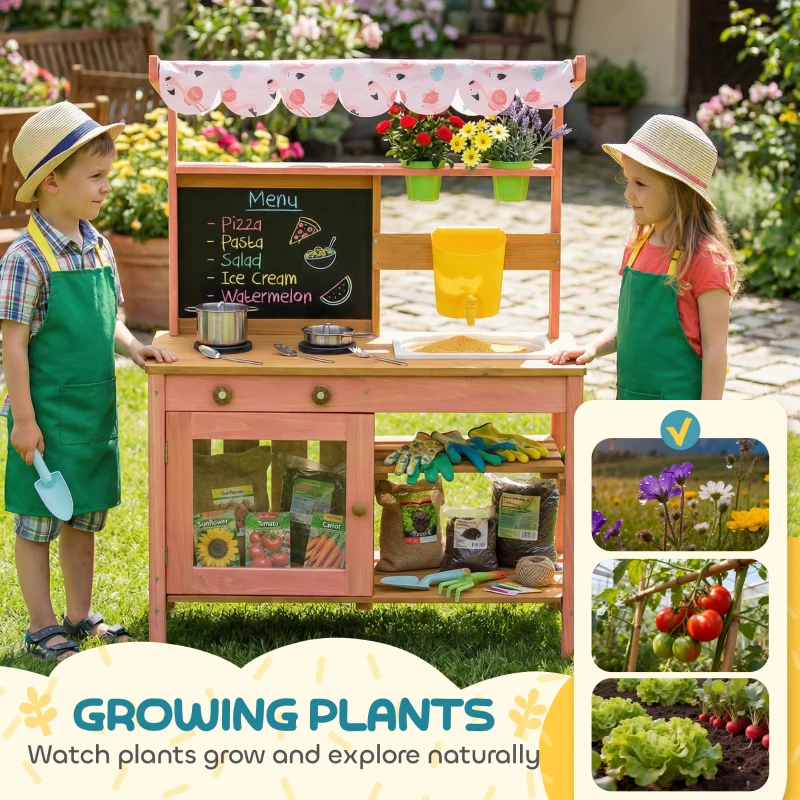 Qaba Kids Mud Kitchen with Canopy, Outdoor Wooden Play Kitchen with Planter Box, Accessories for Age 3-6, Pink