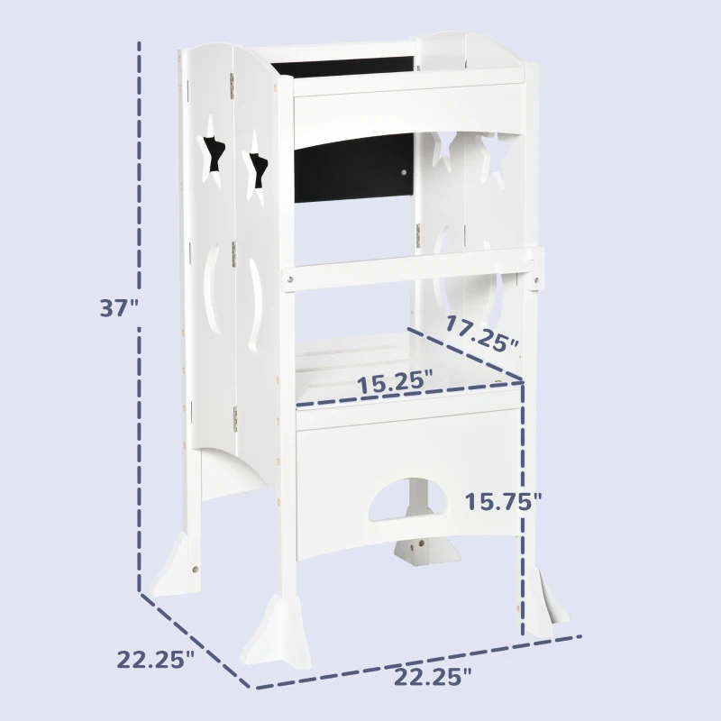 Qaba 2 in 1 Kids Foldable Kitchen Step Stool, Toddler Standing Tower with Chalkboard and Lockable Handrail for Children 3-6 Years Old, White