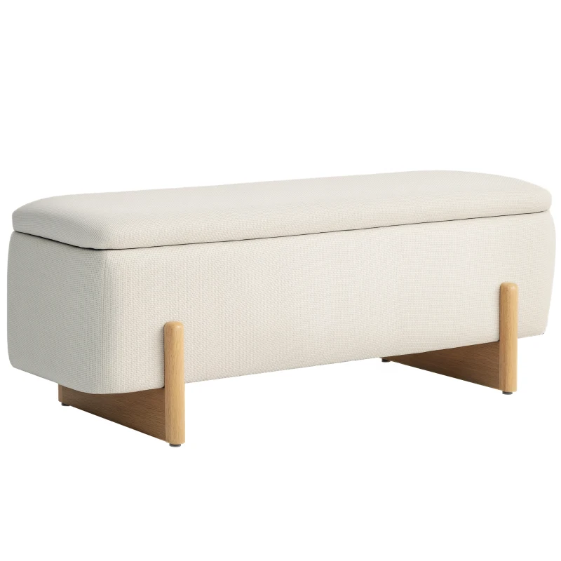 HOMCOM Storage Ottoman with Linen-Look Upholstery, Storage Bench with Safety Hinges and Wooden Legs for Bedroom, Cream White