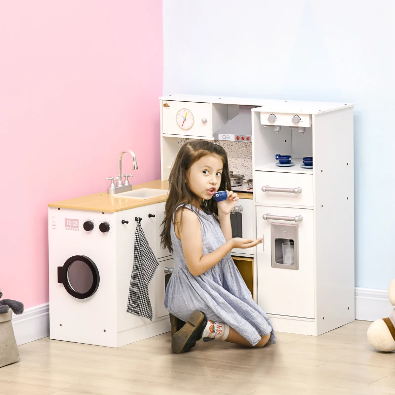 Qaba Kids Wooden Kitchen Playset with Sound Effects and Tons of Countertop Space, Wooden Corner Play Kitchen Set with Washing Machine, Imaginative Toy Pretend Restaurant, Ages 3-6, White