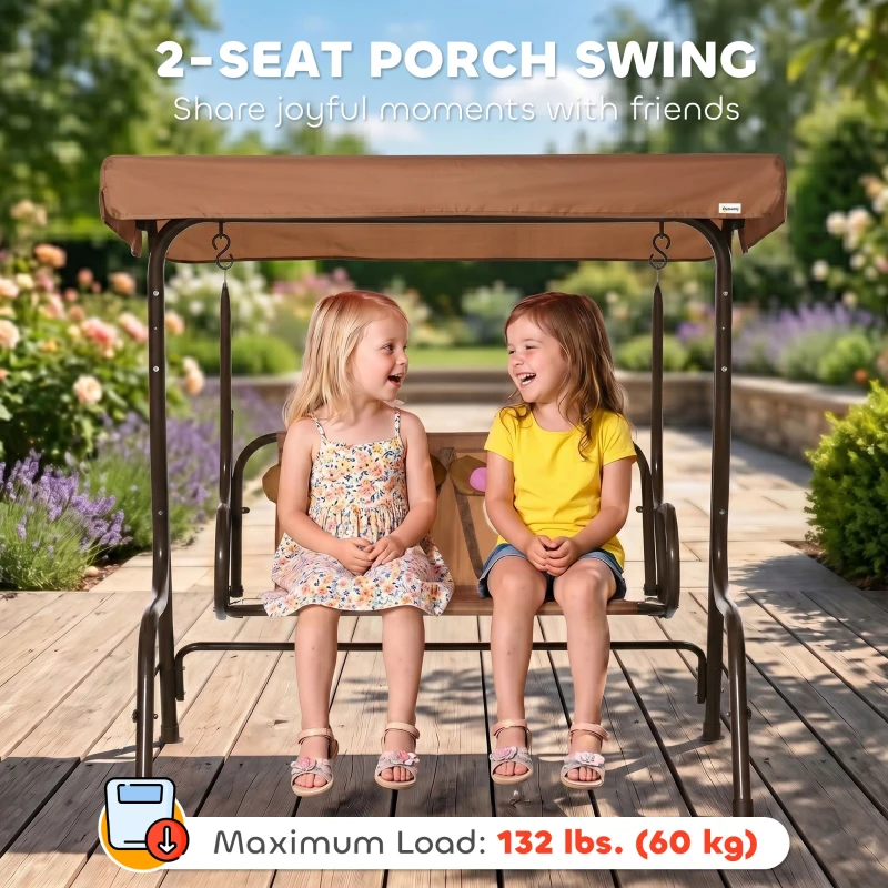 Outsunny Kids Patio Swing, 2-Seater Outdoor Swing Chair with Adjustable Canopy and Safety Belt, Monkey Pattern Hanging Swing Bench for Garden or Backyard, Coffee