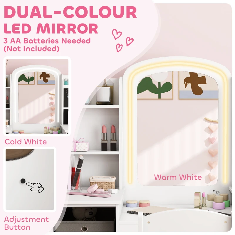 Qaba Kids Vanity Table and Chair, Toddler Dressing Table and Chair Set with Lighted Mirror for Little Girls, White