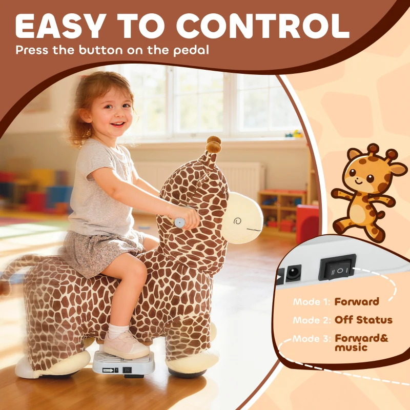 Qaba Kids Electric Ride On Giraffe, 6V Battery Powered Ride On Toy with Washable Cover, Music for 1.5-5 Years, Brown