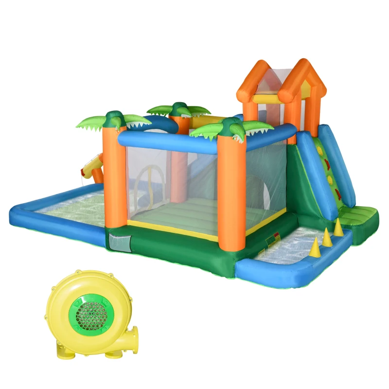 Outsunny 5-in-1 Kids Inflatable Bounce House Jumping Castle with Slide, Climbing Wall, Trampoline, & Water Pool Area, Water Cannon, Sea Balls, Air Blower