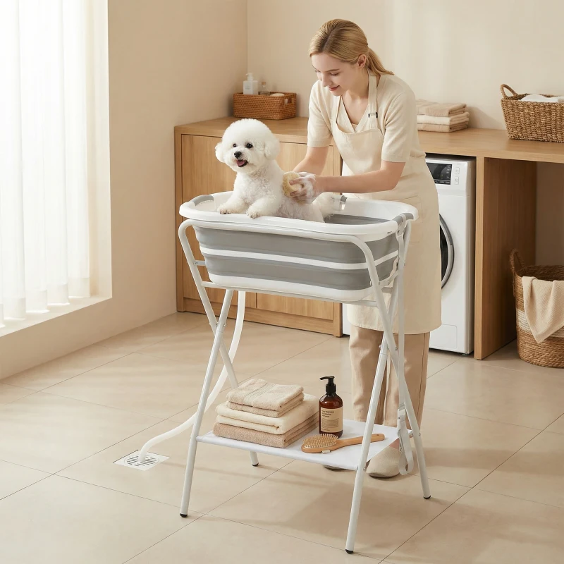PawHut Dog Bath Tub Dog Washing Station, Elevated Foldable Dog Bathtub with Hose, Storage Shelf, for Small Dogs Puppies Gray