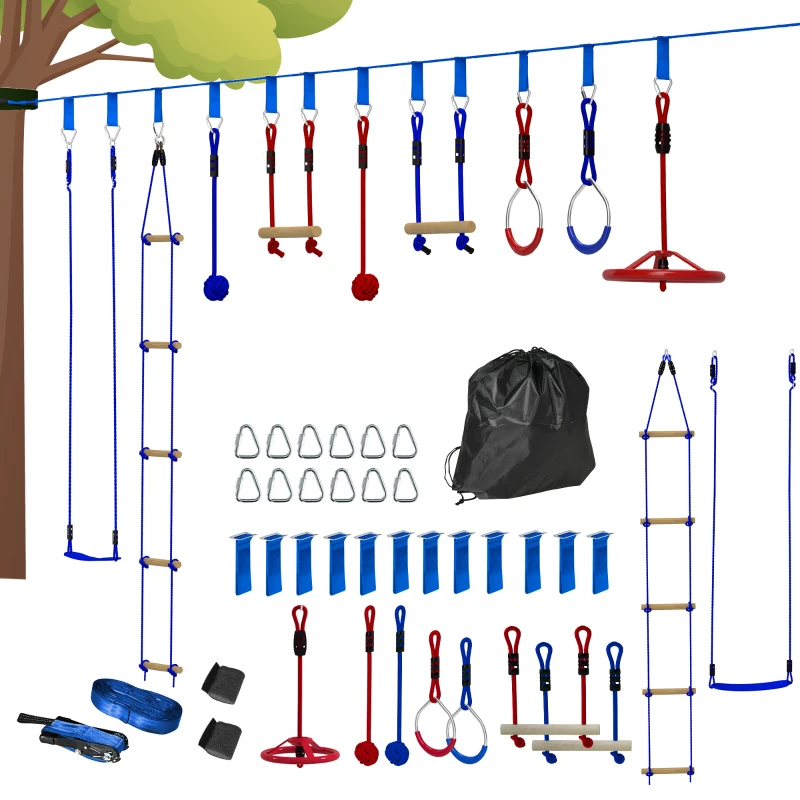 Qaba 32.8' Ninja Warrior Obstacle Course for Kids 3-6 Years, with Swing, Monkey Bars, Climbing Ladder, Gym Rings, Blue